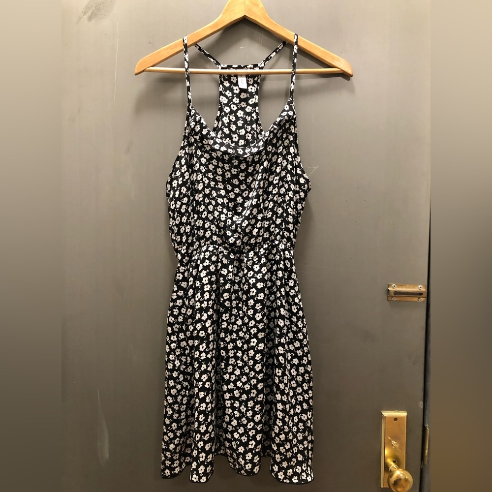 Black Floral Design Racerback Summer Dress with Pockets